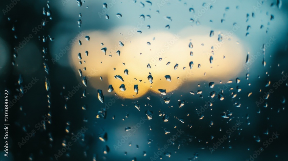 Obraz premium Water droplets on glass, soft sunset