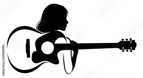 Silhouette of a woman playing acoustic guitar, black and white vector art