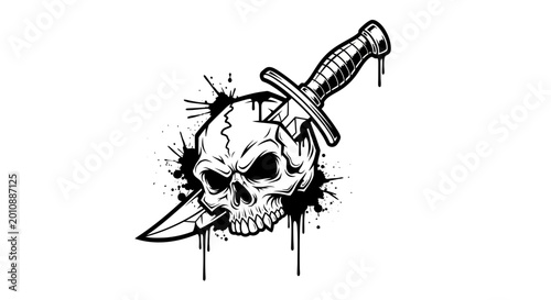 Tableau sur toile Skull pierced by dagger, graphic illustration, death symbol, dark art, vector de