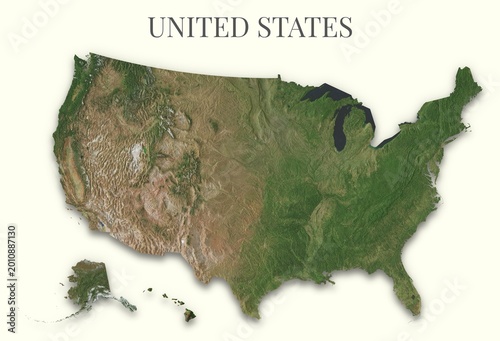 United States terrain map. Raster relief illustration of United States of America. Hillshaded physical map. Elements of this image derrived from NASA imagery and SRTM dataset.