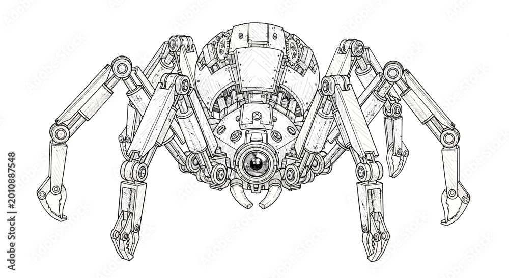 Fototapeta premium Steampunk Mechanical Spider Drawing, Futuristic Insect Robot, Sci-Fi Art