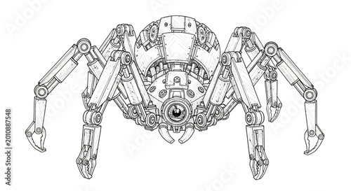 Foto Steampunk Mechanical Spider Drawing, Futuristic Insect Robot, Sci-Fi Art