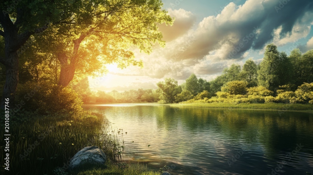 Fototapeta premium Tranquil riverbank scene at golden hour, lush foliage and calm water