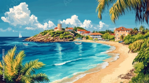 Saint Martin island Poster Illustration Travel Print Decor Gift Paper Canvas Wall Retro Art