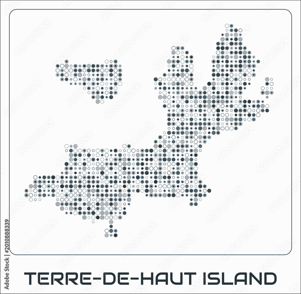 Obraz premium Terre-de-Haut Island digital style map. Small circle dots on white background. Dotted shape of the island. Vector map and title. Vibrant vector illustration.