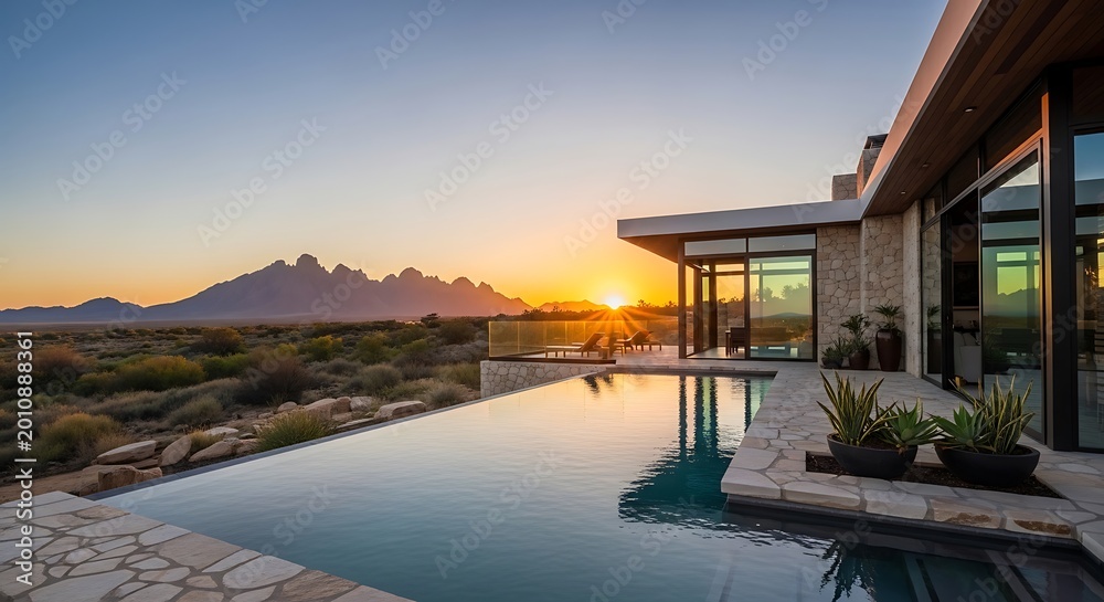 Fototapeta premium A modern luxury villa features an elegant infinity pool with stone patio flooring and expansive glass walls during a golden hour