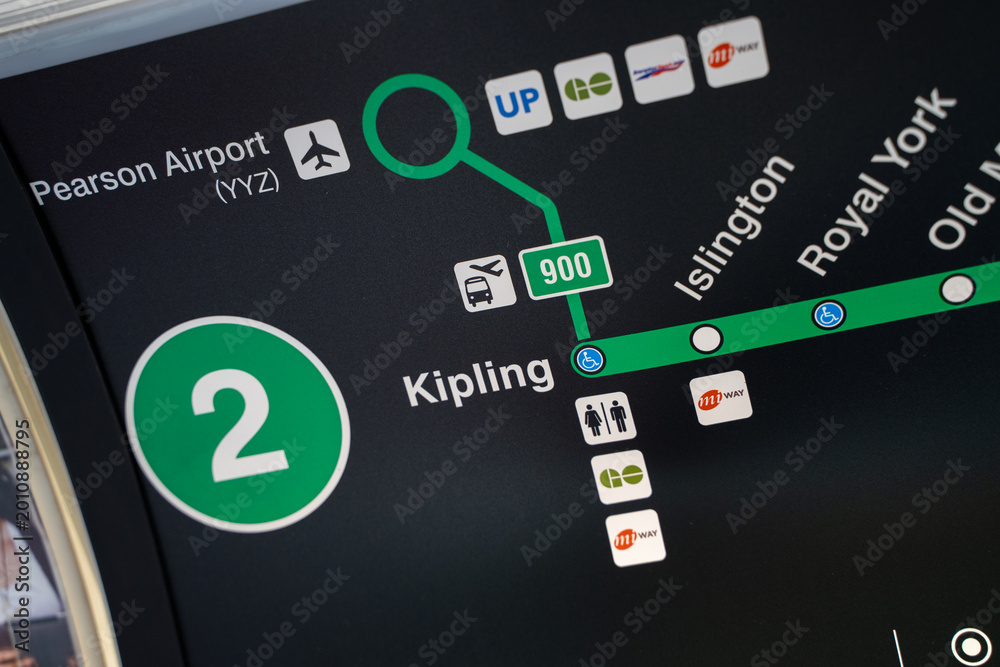 Obraz premium Close up of TTC subway line map showing Kipling station. Toronto, Canada - May 4, 2026.