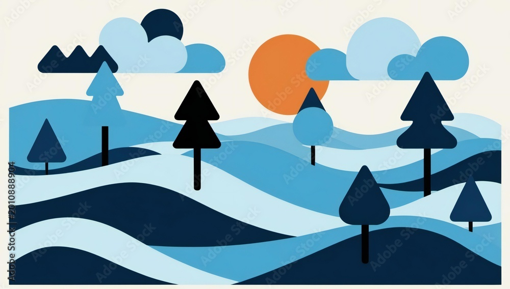 Fototapeta premium Abstract winter landscape with stylized trees and sun behind clouds