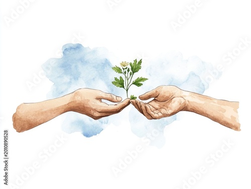 A delicate watercolor painting showcasing two hands gently offering a vibrant flower to one another symbolizing themes of kindness support human connection