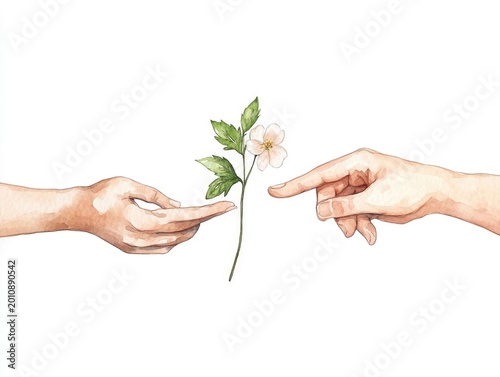 A delicate watercolor painting depicting the gentle gesture of one hand offering a flower to another symbolizing acts of kindness support and the profound human connection that can be found in simple