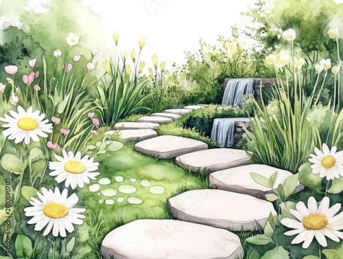 This vibrant watercolor painting depicts a serene and lush garden setting  featuring a meandering path of stepping stones leading through a tranquil landscape adorned with blooming flowers