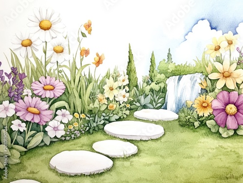 Vibrant and Lush Watercolor of a Mindfulness Garden with Colorful Blooming Flowers Stepping Stones and Soothing Streams and Waterfalls  A Serene and Calming Natural Oasis