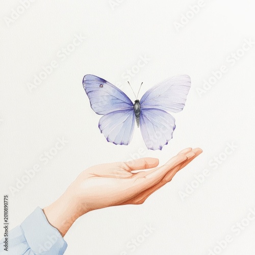 Delicate Watercolor Painting of a Soft Ethereal Butterfly Gently Landing on an Outstretched Hand Symbolizing Transformation Rejuvenation and Inner Healing