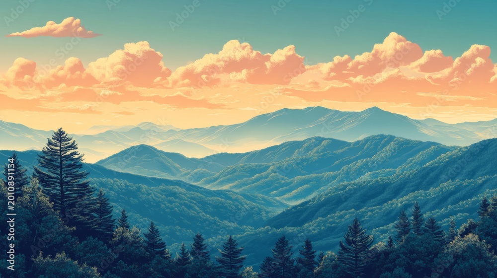 Fototapeta premium Blue Ridge Parkway Poster Illustration Travel Print Decor Gift Paper Canvas Wall Retro Art