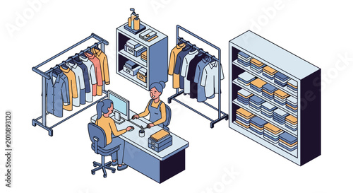 Two women working in a clothing boutique with racks of apparel and shelves of folded shirts.