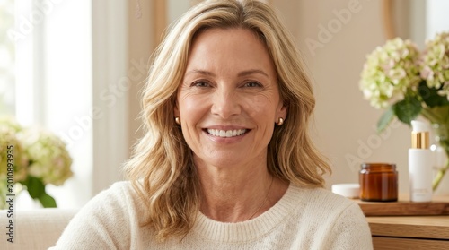 Portrait of a smiling middle-aged woman with blonde hair.