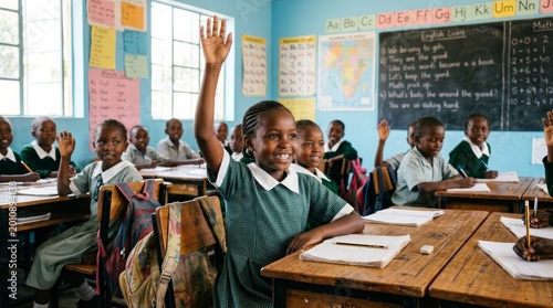 Happy young student participating in school lessons by answering a question.