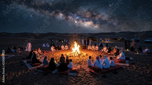 Group of People Sitting Around Campfire Under Starry Night Sky Milky Way Galaxy