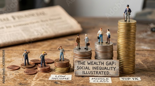 Small people navigating different levels of economic status and prosperity.