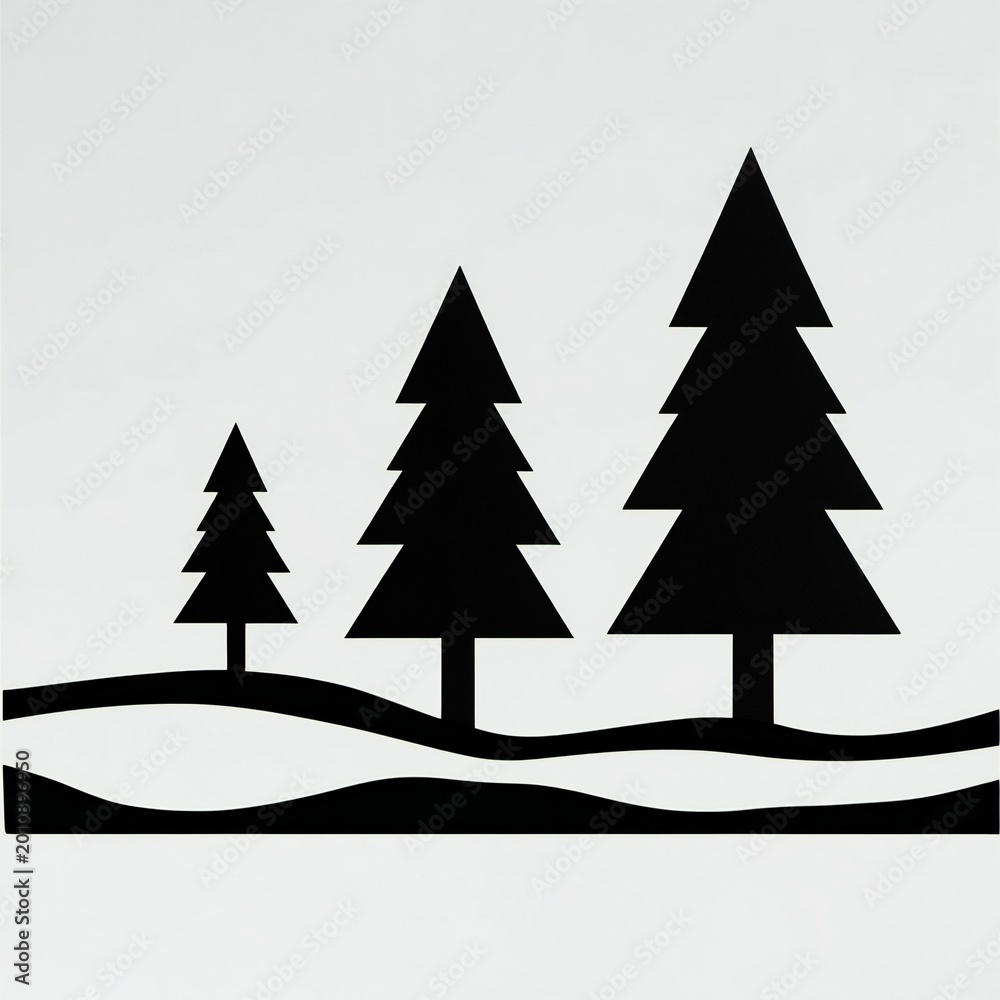 Obraz premium Three black silhouette evergreen trees on a snowy landscape