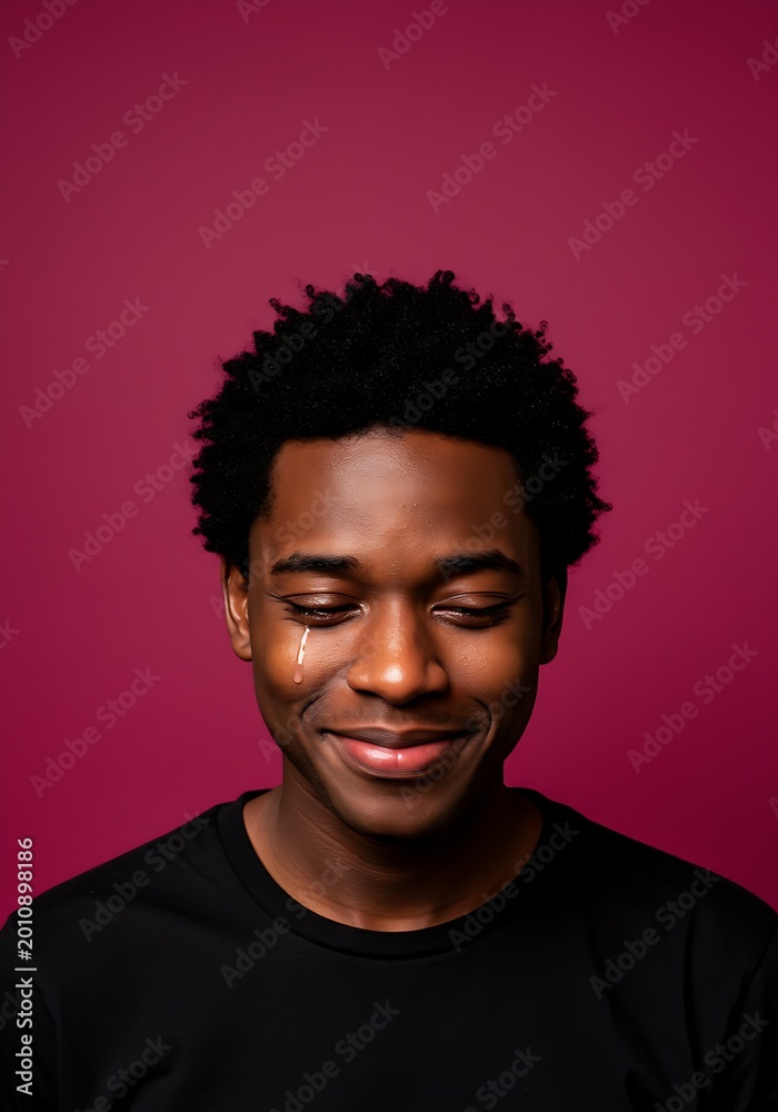 Obraz premium Portrait Smiling Man with Tear Against Magenta Background