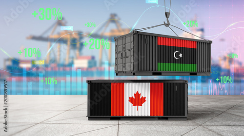 Canvastavla Global Trade Dynamics: A crane suspends a container adorned with the flag of Libya above one with the flag of Canada, symbolizing the ebb and flow of global trade and international commerce