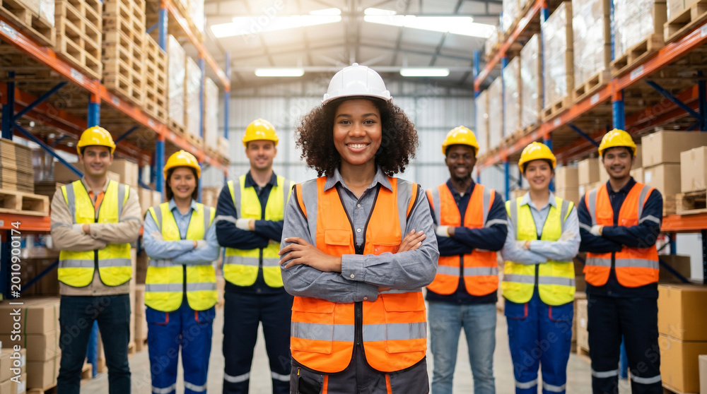 Obraz premium Confident female supervisor leading diverse warehouse team in modern distribution center, standing among racks and conveyors, showcasing logistics operations, teamwork, safety, supply chain efficiency