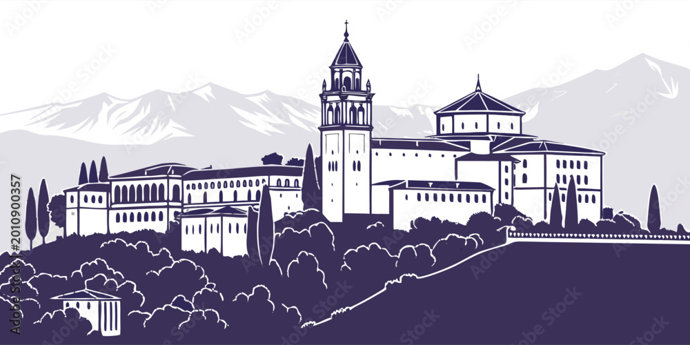 Fototapeta premium Granada Skyline Silhouette SVG | Alhambra Palace & Sierra Nevada Vector Wall Art