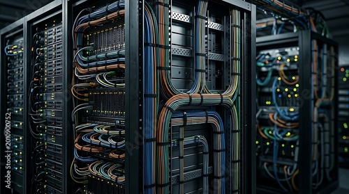 Network server room with organized cables and data center racks, emphasizing technology and infrastructure