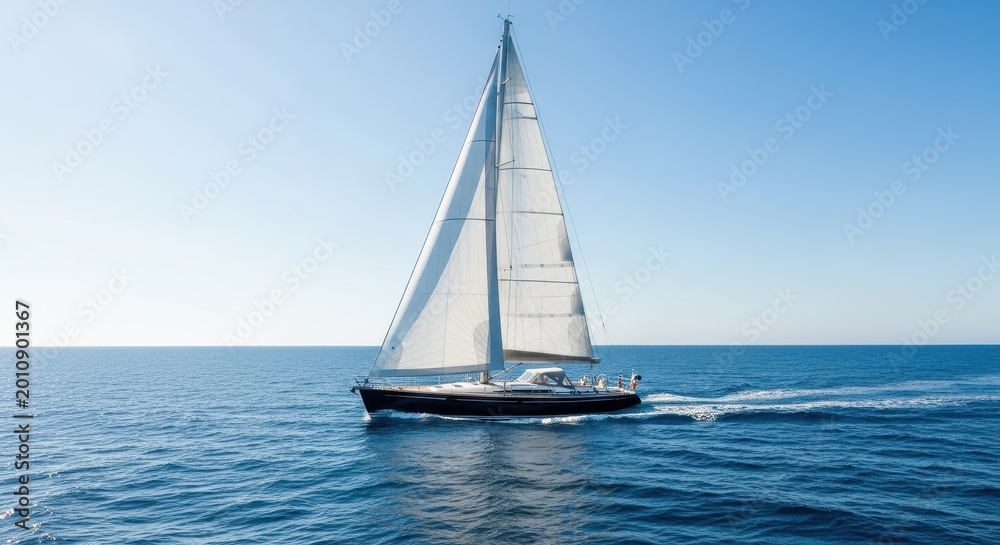 Fototapeta premium Sailing Yacht Navigating Open Ocean Under Clear Blue Sky.