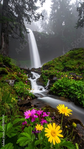 A serene waterfall cascades through lush greenery and vibrant wildflowers