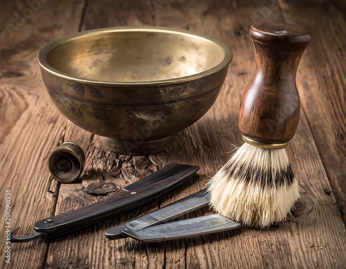 A shaving kit on a wooden table