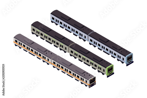 アイソメトリックの電車セット。都市交通・鉄道インフラのシンプルイラスト。