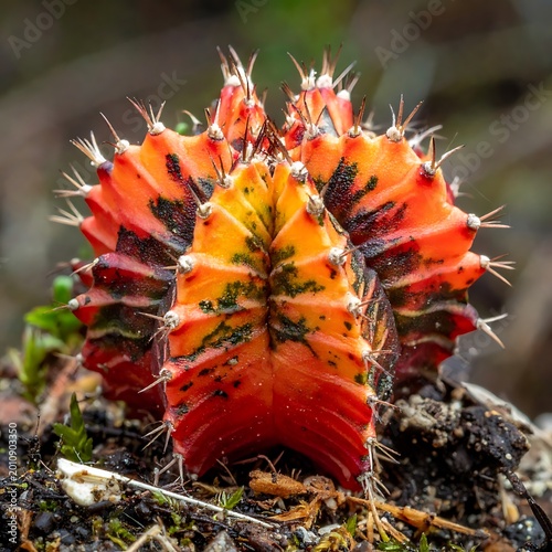 A vibrant orange-red cactus with spines and green spots