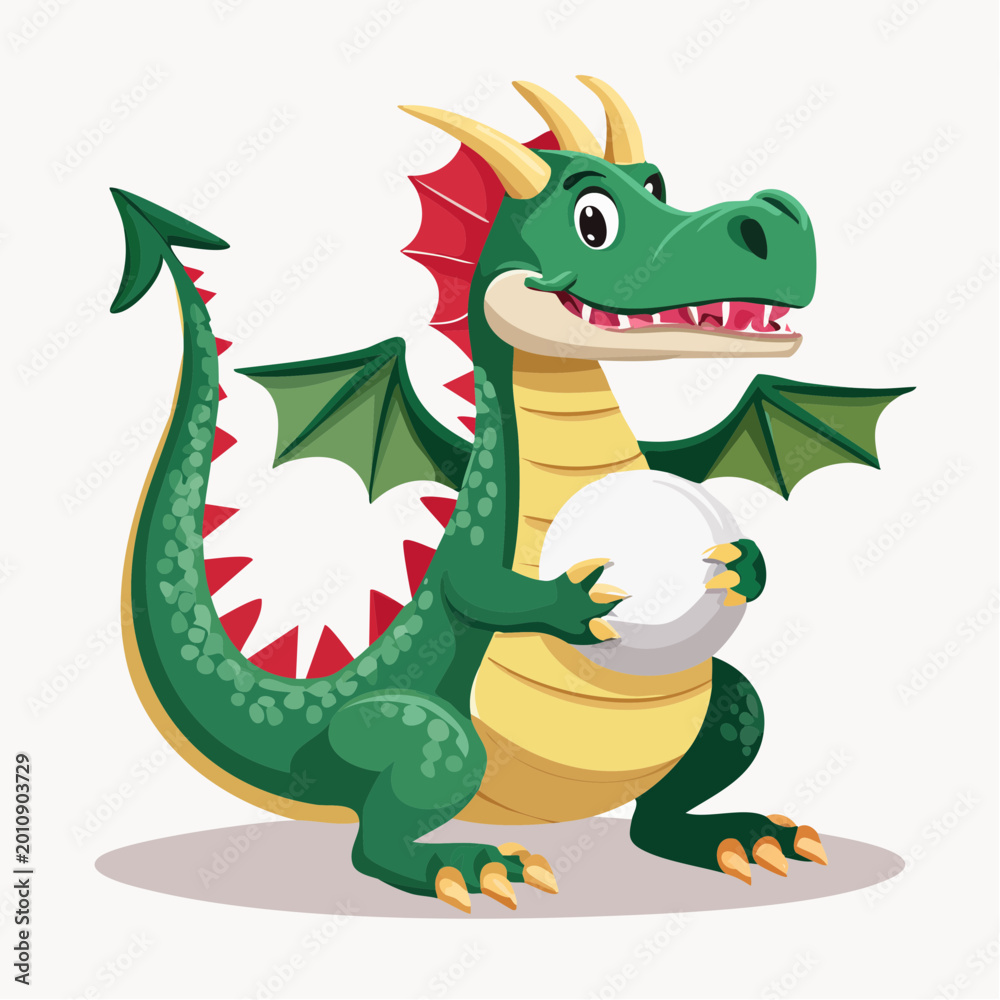 Fototapeta premium Cute Green Dragon Holding a White Ball