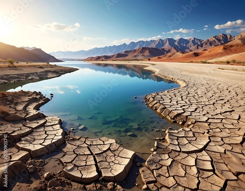 Arid landscape with dried lakebed and mountains