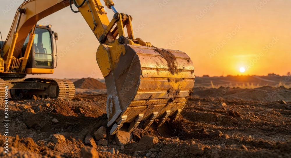 Fototapeta premium A robust yellow excavator's bucket is actively digging into dark soil at a construction site, illuminated by the warm glow of a golden sunset.