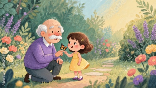 Grandfather showing butterfly to granddaughter in garden