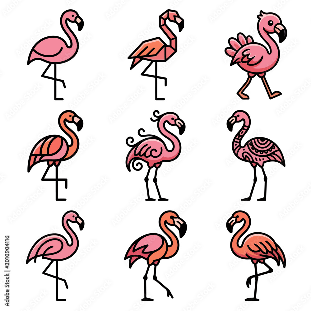 Obraz premium creative 9 flamingo collection with diverse stylized tropical avian styles