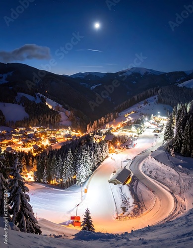 Snowy mountain resort town at night