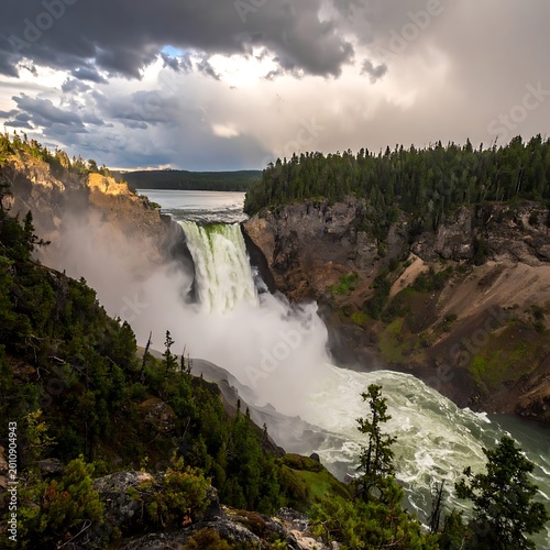A breathtaking waterfall surrounded by lush greenery and mist