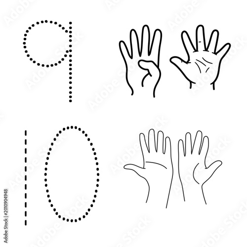 Cuadro en lienzo Dotted number tracing guide for 9 and 10 with full hand counting graphics, perfect for teaching double digits and base-ten concepts to young learners