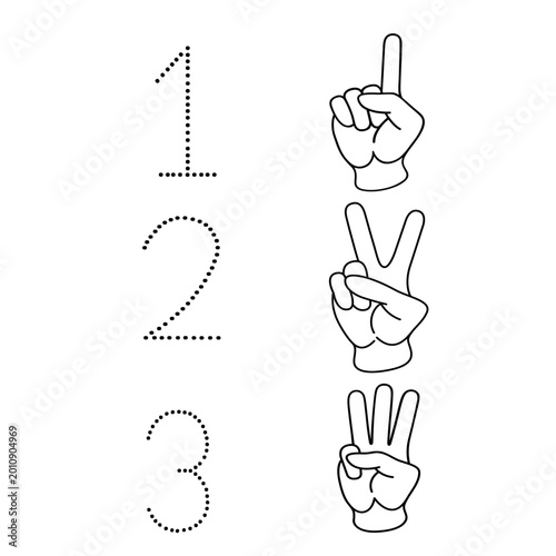 фотографія Preschool handwriting practice sheet for numbers 1, 2, and 3 featuring finger counting illustrations to help toddlers develop fine motor and numeracy skills