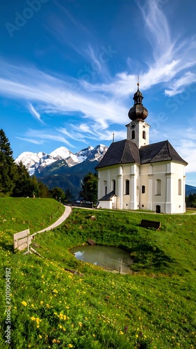 A serene church on a grassy hill with a pond and majestic mountains