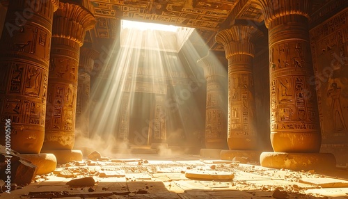 Ancient temple interior with sunlight and columns
