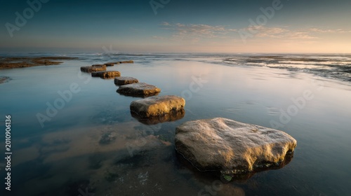 Golden Hour Stepping Stones Path Over Still Water