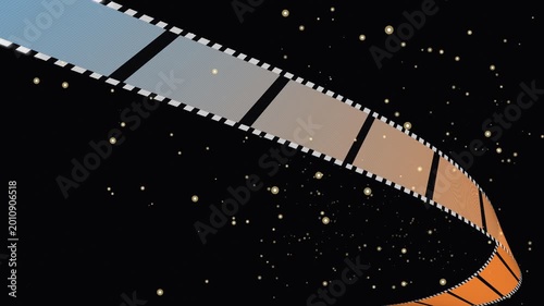 Photographic Film Strip Curving Through Space with Glowing Golden Particles and Bokeh Background for Cinema and Multimedia Production Projects