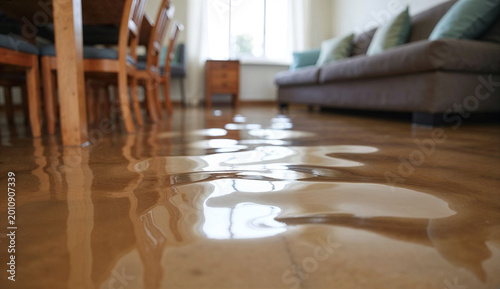 wooden floor in the living room of the house was submerged in flood water.