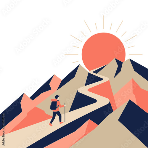 Hiker Climbing Winding Mountain Path Toward Red Rising Sun Vector Illustration for Success, Career Growth, and Outdoor Adventure Journey Concepts