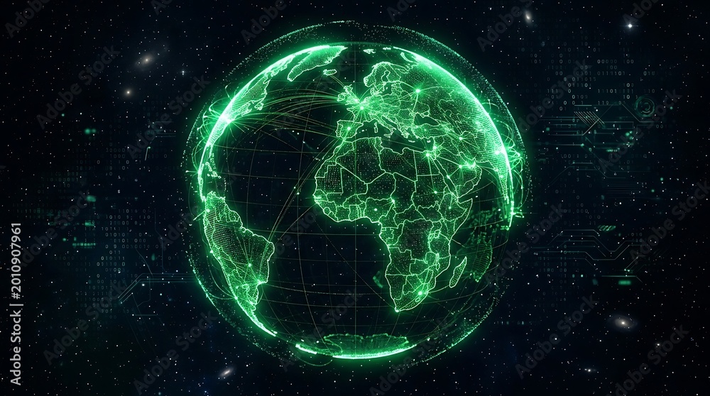 Fototapeta premium Digital earth network connection glowing green abstract technology background with constellations and stars